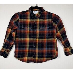 Old Navy Boys Flannel Shirt Size S (6-7) Plaid Black/Orange/Yellow Built In Flex